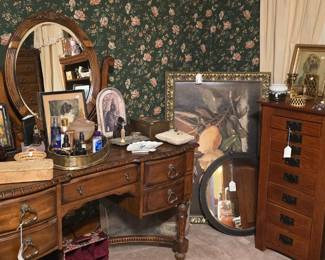 Vanity matches tall chest. Jewelry armoire is mission-style.