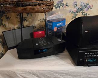 Foyer electronics including BOSE Wave radio and iPod docking station.