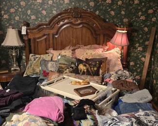 Full size bed matches vanity and tall chest of drawers. Current mattress is old and will need replacing.