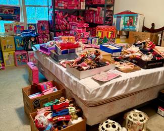 Barbie collection like none other!!!!!!
Approximately: 
611 barbies (329 new in box)
4 barbie horses
550 outfit in baggies( 3 boxes)
66 wardrobe cases
76 outfits (new in box)
11 barbie family houses, camper plane, mountain cabin....
12 box collections Dr loving care, dining room table and chairs, fashion buffet,  dream pool collection, workout center, dinning buffet, surf n shop....
8 barbie cars buggies
150 barbie books
180  furniture
2 Tammy cases with 3 doll and clothes
2 tutti cases 
37 games, sun glasses,  jewelry box, valentines, puzzles, sewing cards rub n play....
And 100s of miscellaneous parts, shoes, hangers, stands, miscellaneous dolls, bags, rocker stuffed animals......