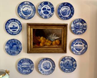 Oil Still Live on canvas surrounded by historical transfer plates