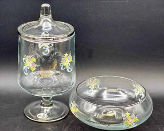 Fenton 25th Anniversary Round Bowl & Apothecary Jar Both With Stickers