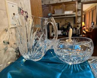 Beautiful cut crystal pitcher and wide mouth rose bowl
