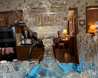 Vintage cut crystal pedestal compote - elegant centerpiece at 13" tall for any festive table!