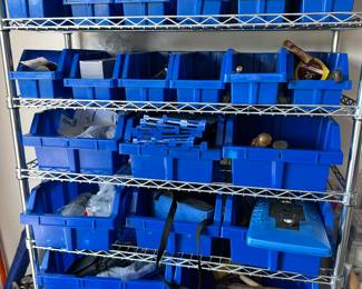 Wire shelving with plastic storage bins