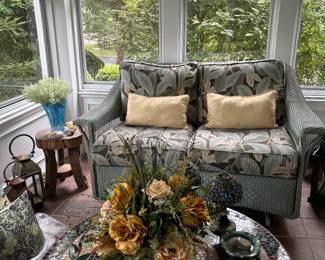 Outdoor Wicker set  in excellent condition, mosaic round table , lanterns , and more 