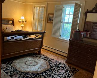 Wool Area Rug, Posterpedic Plush Queen size mattress in excellent condition, Ornate Mirror, Chest of drawers (marble top) 