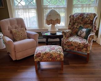 Pale pink recliner in great condition & floral arm chair with matching ottoman 