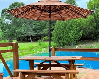 Wooden Picnic Table and Umbrella