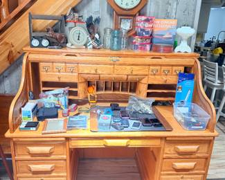 Modern Wooden Roll Top Desk and Miscellaneous Items