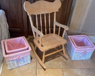 SOLID WOOD CARVED CHILDS ROCKER  POTTERY BARN ITEMS TOO 