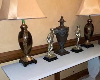 Long hallway table, matching lamps, golf figurines/statues, and more