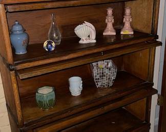 Here's another picture of the lawyer's book case and the pretties on/in  it.  All glass on all doors is good, no cracks