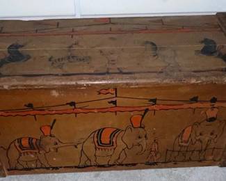 Vintage toy box with circus theme.  