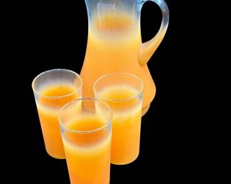 Vintage Blendo Frosted Orange Pitcher and 3 Glasses
