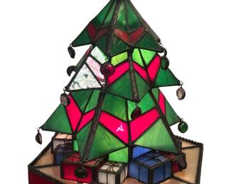 Vintage Leaded Stained Glass Christmas Tree Lamp, Tiffany Style Night Light, Christmas Decor, Holiday Presents Under Tree,