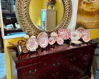 Mirror, Red & white transferware, multiple patterns