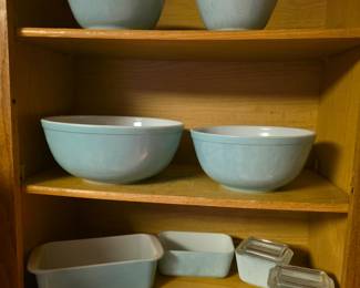 PYREX turquoise blue mixing bowls and others.