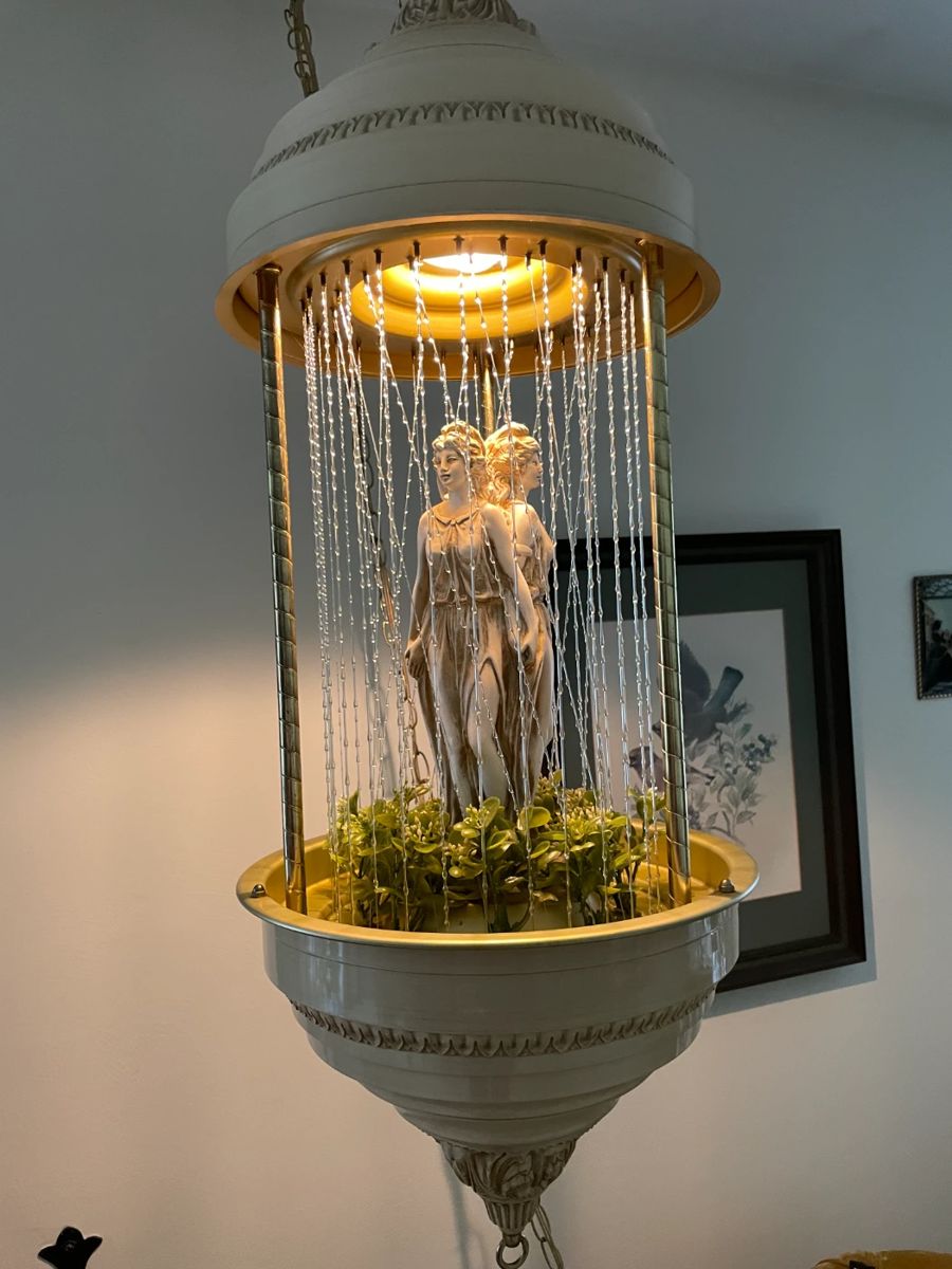 MCM hanging mineral oil swag lamp, 3 goddesses