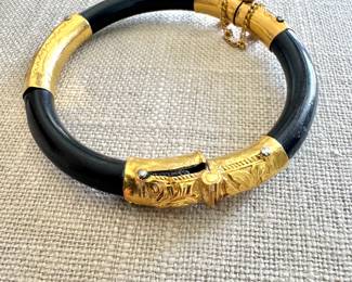 24K Gold Chinese Black Coral Bangle Bracelet