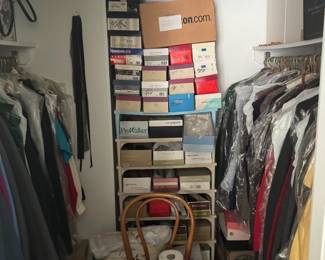 Closet filled with Women’s vintage clothing, coats, furs, shoes (many in boxes), bags. Shoes galore: Dozens of name-brand women’s shoes from heels to sneakers to sandals, boots plus more!