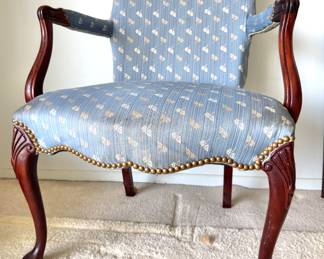 Hickory Chair  Traditional Mahogany Armchair with Blue Floral Upholstery and Nailhead Trim