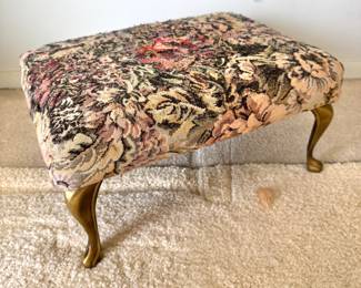 Vintage Tapestry Footstool with Cabriole Legs, Floral Needlepoint Accent
