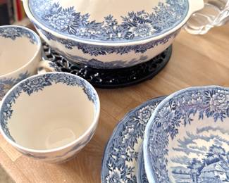 Salem China Co. English Village, Blue Transferware, Serving Pieces