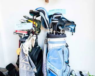 Callaway and other golf clubs -- club covers, bags, balls, Leupold range finder, Garmin GPS, and lots more. This pictures shows about half.
