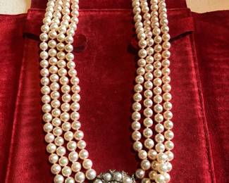 Stunning Akoya 4 Strand Necklace with 14K white gold and diamonds
