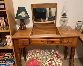 Pine vanity (will be sold as a set or as separate pieces) & vintage oil lamp and other lamp.