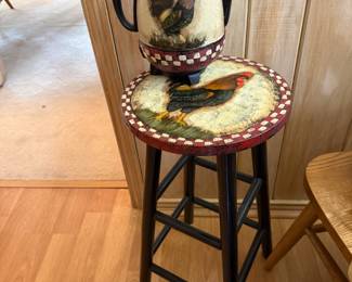 Hand painted rooster stool and coffee pot