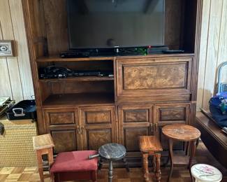 Entertainment center & wooden stools