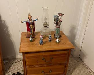 Pine night stand (will be sold as a set or as separate pieces) & figurines