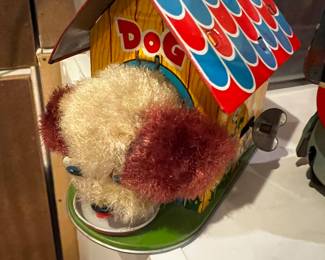 Vintage 1950s Wind-Up Plush Dog in Tin Doghouse Toy – Japan Made