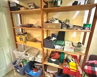 DIY Tools, Workshop Parts, and Utility Hardware, Various plastic bins with parts, tools, and hardware
