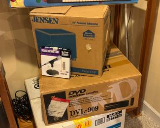 Vintage Electronics Lot, Yamaha Keyboard, Pioneer LaserDisc Players, Jensen Subwoofer, DVD & Audio Gear in Boxes