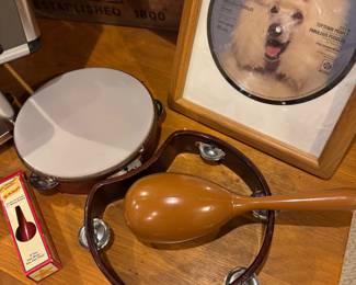 Vintage Tambourine, Framed Picture Disc, Plastic Maraca, and Classic Kazoo – Music Memorabilia and Percussion Lot