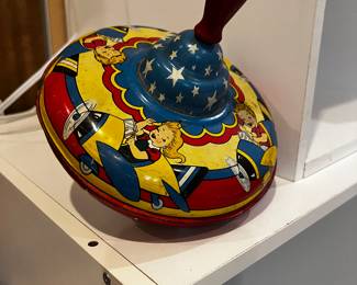 Vintage Tin Lithograph Spinning Top Toy – Airplane Theme 1950s Retro Kids Collectible