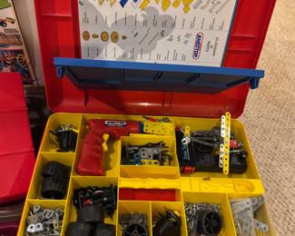 Vintage Erector Set in Colorful Organizer Case, Complete with Motors, Wheels, and Manual

