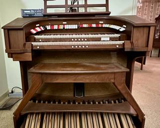 Allen R-211 Renaissance Series theater organ in walnut with midi recorder (on left top of organ). In working order. Shown with matching bench.