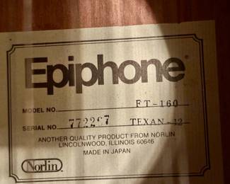 Epiphone FT-160 sunburst 12-string guitar, interior label showing serial number.