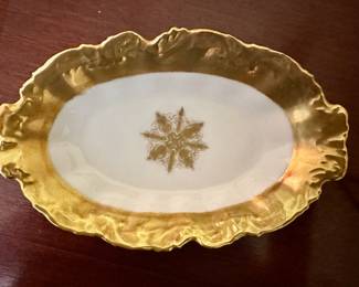 French Limoges Gold Snowflake porcelain asparagus dish.