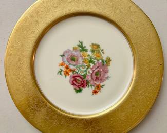 Gold rimmed plate from Wheeling Decorating Glass of West Virginia.