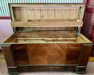 Art deco era cedar chest, lid opened.