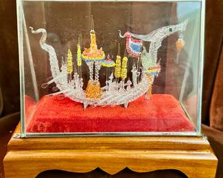 Glass model of royal barge Suphannahong in wood and glass case.