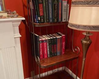 Bakers rack, fine wood and metal. Measures 77"H x 27"W x 17" D. Floor lamp, satin brass finish.