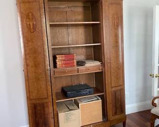 Late 19th century Dutch armoire with side door marquetry and veneer. Multiple adjustable shelves and two working drawers.