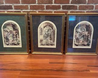 Triplet of French Quarter scenes with prints with gilt frames. Each measures 22" H x 18" W. Prefer to sell as a set, if possible.