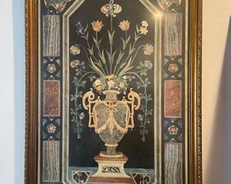 Print of colorful large dual-handle urn, emanating tulips and roses, surrounded by rosettes and interesting geologic samples. Fine gilt frame.